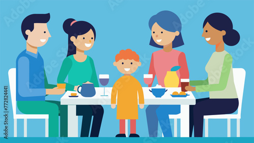 A blended family gathered around a dinner table with stepparents and stepsiblings interacting and getting to know each other while the the photo