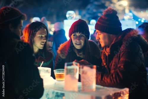 group of friends at mammoth ice bar, winter festival, night scene photo