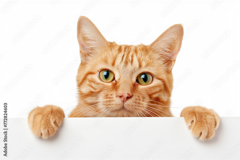 Funny pet cat showing a placard isolated on white background blank web banner template and copy space