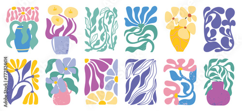 Botanical doodle background vector set. Flower and leaves abstract shape doodle art design for print, wallpaper, clipart, wall art for home decoration.