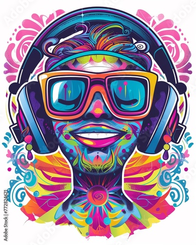 Bold Kawaii illustration vector, a vibrant kawaii style cartoon wearing large headphones The background is adorned with swirling musical notes and colorful patterns