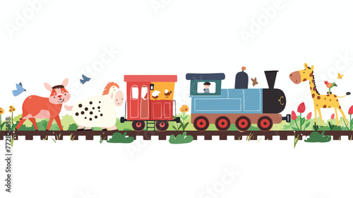 Cartoon steam train on tracks with farm animals on white