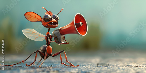 Cute 3D ant making an announcement with the help of an megaphone. generative ai  photo
