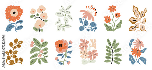 Botanical doodle background vector set. Flower and leaves abstract shape doodle art design for print, wallpaper, clipart, wall art for home decoration.