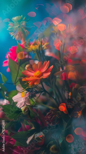 Vibrant flowers with bokeh lights background