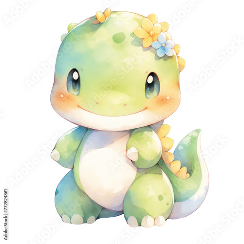 A cute green dinosaur with a flower on its head. The dinosaur is smiling and looking at the camera