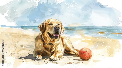 Serene Seaside Escape with Playful Dog and Ball in Watercolor - Generative AI photo