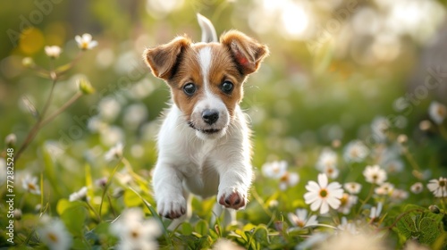Joyful Puppy Frolic: A Lively Dash Amongst Summer Blooms - Generative AI
