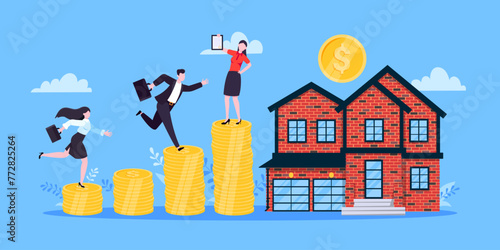 Mortgage refinance to buy a house flat style design business concept. Real estate property or mortgage loan investment. Business people climb money coin stack and home building vector illustration.