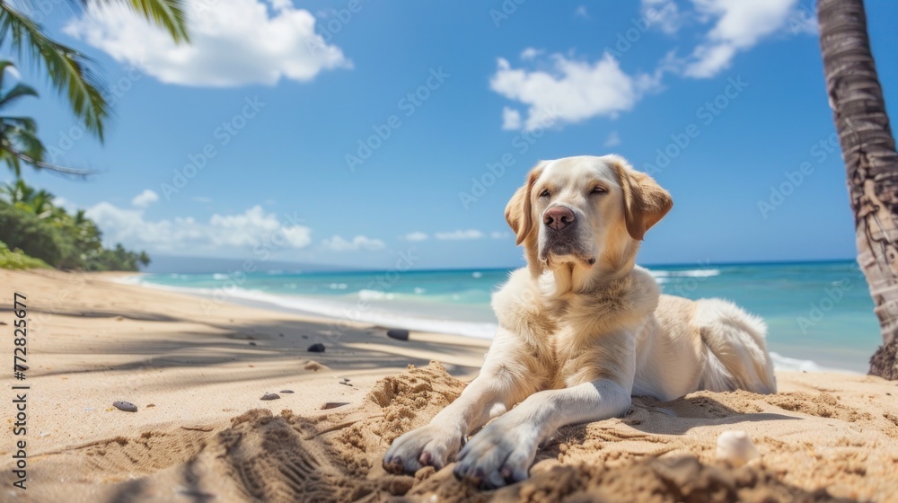 Serene Labrador Enjoying the Sunset Beachside Splendor - Generative AI Serene Labrador Enjoying the Sunset Beachside Splendor - Generative AI