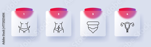 Sex set icon. Condom, female hips, menstruation, contraceptives, pack of pills, female reproductive organ, numbering. Glassmorphism style.