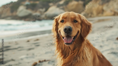 Golden Retriever Relishes Seashore Serenity as Sun Sets - Generative AI