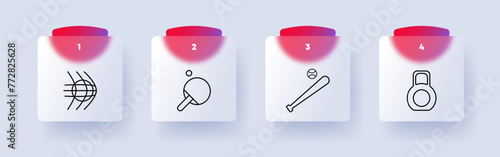 Sports set icon. Table tennis, racket, ping pong ball, net, ball, football, weights, baseball bat, game, active recreation, healthy lifestyle. Sports disciplines concept. Glassmorphism style. photo