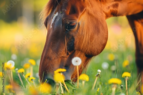 Beautiful Chestnut Budyonny Horse Chewing on Grass and Dandelions in Summer Closeup Portrait