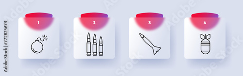 Weapons set icon. Bomb, fuse, caliber, cartridge, capsule, rocket, warhead, silhouettes, numbering. Concept of combat equipment and ammunition. Glasmorphism style.