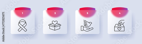 Charity icon set. Ribbon, fight against cancer, rehabilitation, donations, charity, hand, bird, piggy bank, coin, numbering. Giving your money for benefit of others concept. Glassmorphism style.
