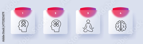 Mood icon set. Human, silhouette, ribbon, fight against cancer, patch, treatment, rehabilitation, meditation, man, brain, numbering. Controlling your condition concept. Glassmorphism style.