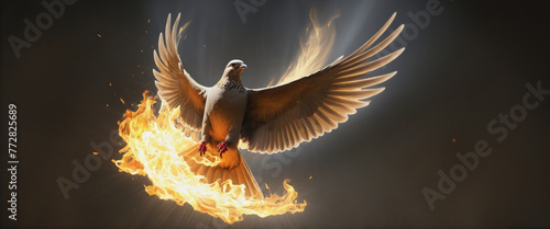 Winged dove in flames, a representation of the New Testament Holy Spirit with copy space colorful background