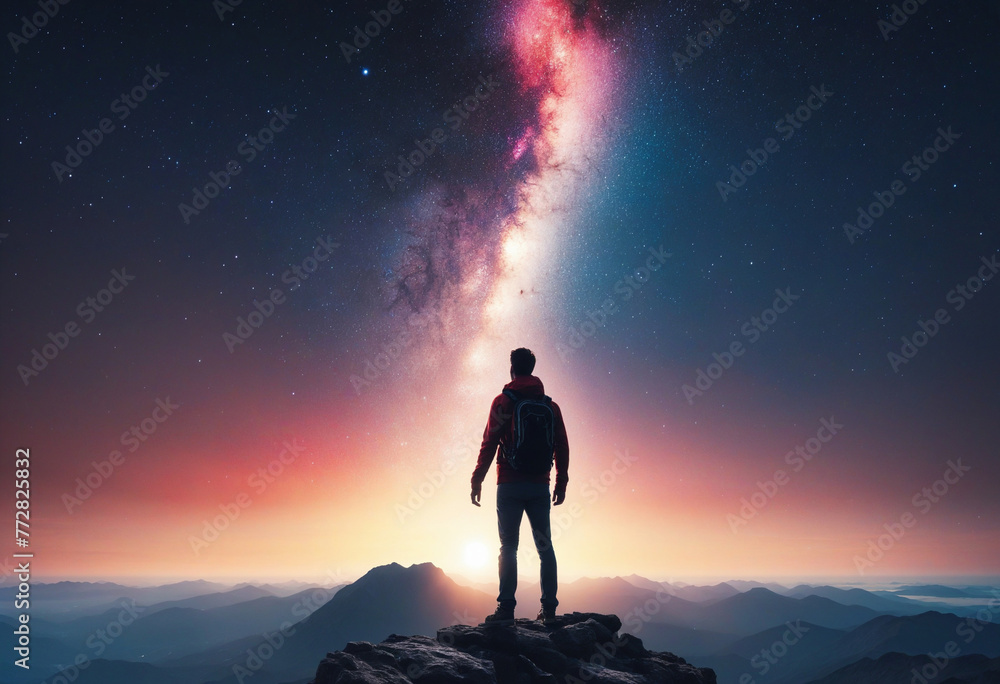 Conceptual image of a man standing on top of a mountain and looking at a colorful explosion colorful background