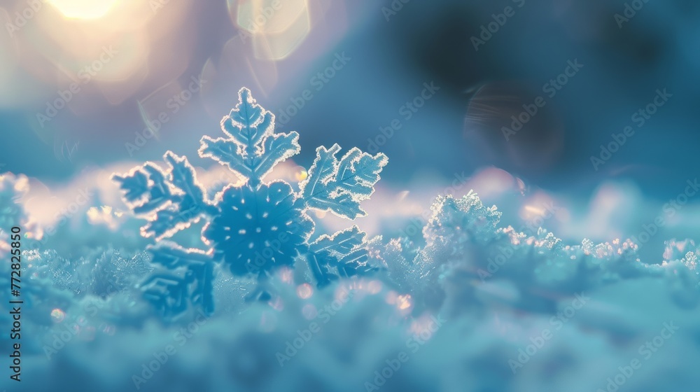 Close-up of a snowflake with blurry background Close-up of a snowflake with blurry background