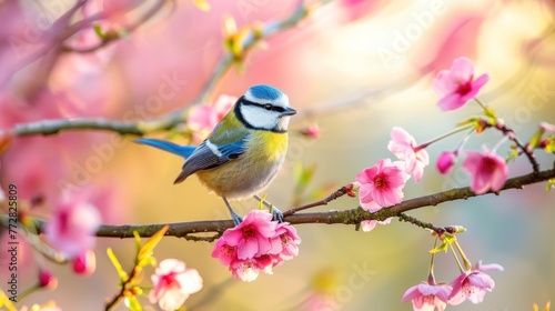 Spring Serenade: Blue Tit Perched Among Cherry Blossoms Generative AI