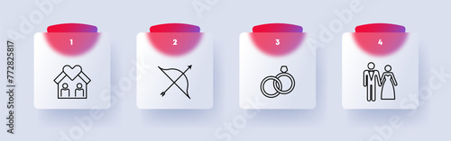 Wedding icon set. House, living together, bow, rings, man, woman, wedding suit and dress, heart, love, getting married, numbering. Concept of starting a relationship. Glassmorphism style.