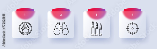 Weapons set icon. Bear paw badge, huntsman crest, sight, crosshair, bullet, caliber, binoculars, lenses, bowstring, numbering. Concept of hunting and hunting weapons. Glassmorphism style.