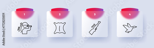 Chase set icon. Skin, hunting trophy, duck, sight, rifle, man, silhouette, binoculars, lenses, prey, target, weapon, numbering. Concept of hunting and hunting weapons. Glassmorphism style.