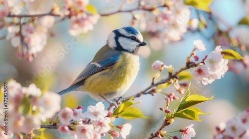 Spring Serenade: Blue Tit Perched Among Cherry Blossoms Generative AI