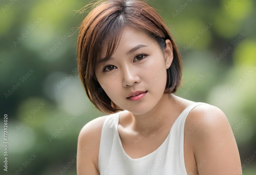 A blonde Woman in a White Dress with a Green Background A blonde Woman in a White Dress with a Green Background