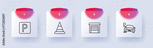 Tax set icon. Garage, check, invoice, machine, car, parking, pitstop, P, numbering, silhouette, flat design, cone, fence, sign, design, interface. Glassmorphism style.