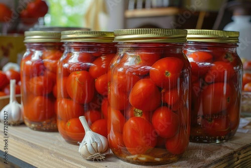 Canned Tomatoes in Glass Jars with Ripe Tomatoes, Garlic and Vibrant Background - A Kitchen Essential for Shopping and Cooking All Year Round