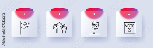 Uprising icon set. Flag, fire, hand, fist, no, banner, sign, voting, community, rebels, uprising, flat design, numbering. Fight against the regime concept. Glassmorphism style.
