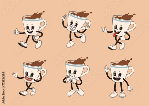 Retro cartoon coffee cup character set. Mug mascot in different poses. 60s 70s 80s groovy contour vector illustration. Espresso black coffee cup.