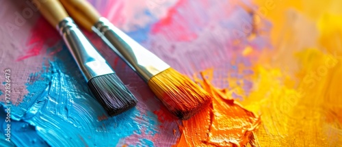 Two paintbrushes on colorful palette photo
