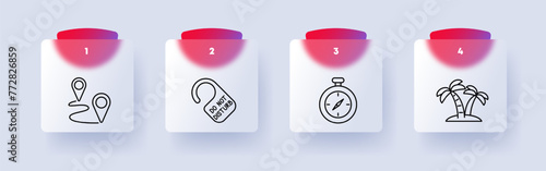 Rest set icon. Travel, vacation, clock, time, stopwatch, do not disturb icon, landscape, hotel, tropics, palm trees, trees, path, numbering. Tourism and wandering concept. Glassmorphism style.