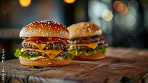 Close-up of two juicy cheeseburgers on rustic restaurant table, cute 