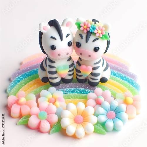 a cute couple Zebra with flowers made of pastel color rainbow gummy candy on a white background