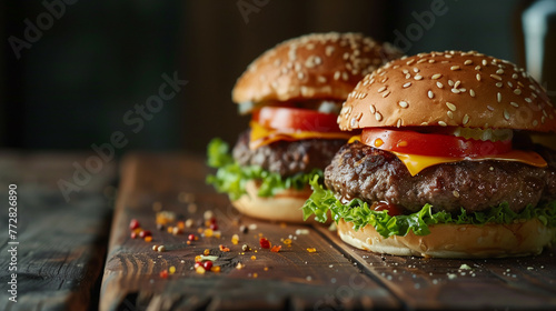 Close-up of two juicy cheeseburgers on rustic restaurant table  minimalist 