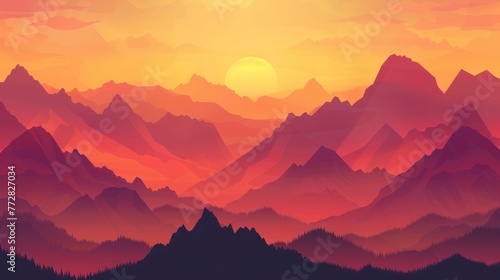 Sundown Serenity Over Cascading Peaks - A Majestic Mountain Dusk Generative AI