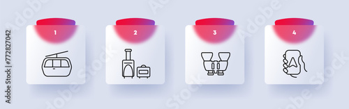 Travel set icon. Funicular, cable, cabin, fork, pointer, sign, binoculars, lens, numbering, stove, firewood, hobby, rest. Tourism and wandering concept. Glassmorphism style.