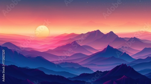 Sundown Serenity Over Cascading Peaks - A Majestic Mountain Dusk Generative AI