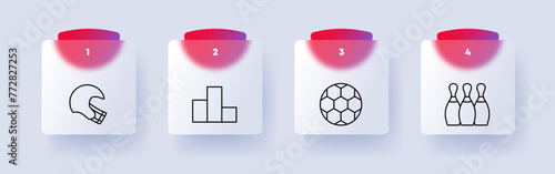 Useful hobby set icon. Sports equipment, American football, rugby, podium, first place, prize, soccer ball, skittles, bowling, health care, numbering. Healthy lifestyle concept. Glassmorphism style.