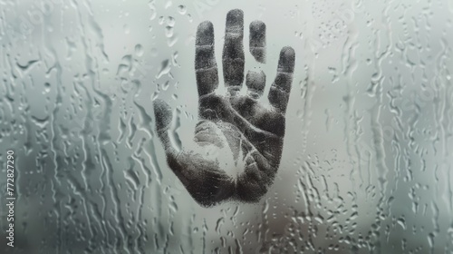 Handprint on a misty window with raindrops