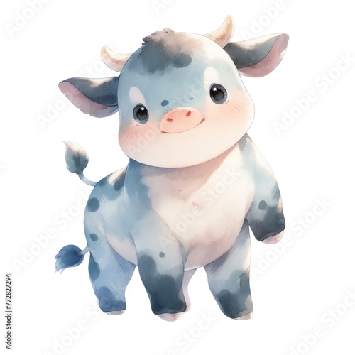 A cute little blue and white cow with a big smile on its face