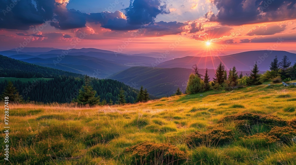 Sundown Serenity Over Cascading Peaks - A Majestic Mountain Dusk Generative AI Sundown Serenity Over Cascading Peaks - A Majestic Mountain Dusk Generative AI