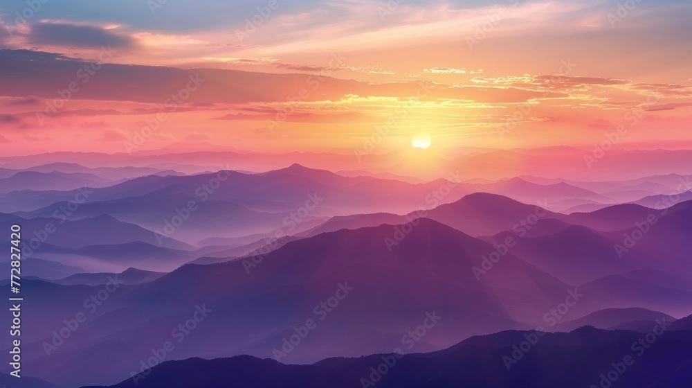 Sundown Serenity Over Cascading Peaks - A Majestic Mountain Dusk Generative AI - obrazy, fototapety, plakaty 