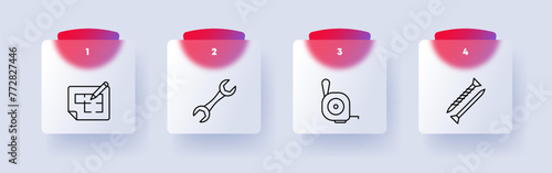 Construction set icon. Repair supplies, equipment, numbering, plan, pencil, markings, nail, screw, wrench, blue paper. Construction equipment concept. Glassmorphism style.
