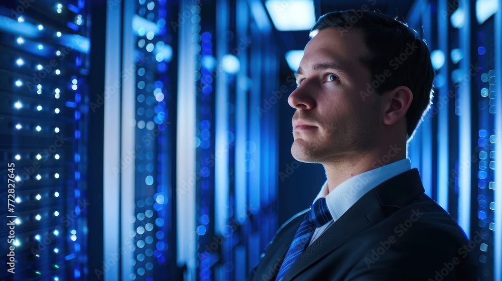Fototapeta premium IT Technician Works on a Laptop in Big Data Center full of Rack Servers.
