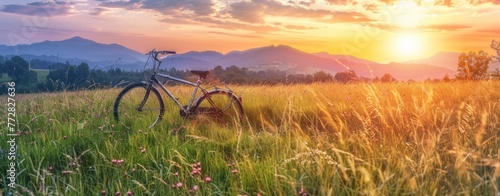 Solitary Cycle Through Golden Meadows at Sunset - An Escape Into Serenity - Generative AI